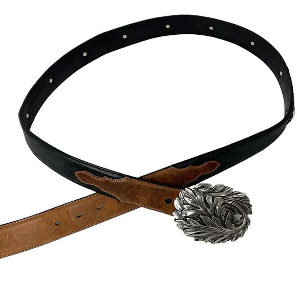 Tony Lama leather braided coin studs floral buckle belt Sz 44 western boho